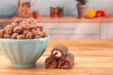 Swiss Roll Flavored Breakfast Cereal on a Wood Kitchen Cabinet
