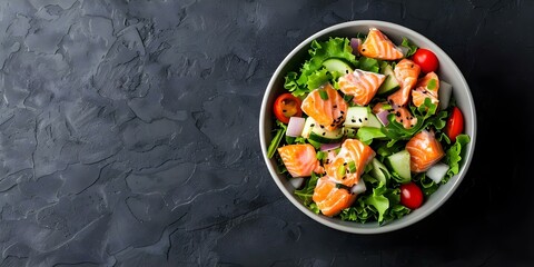 Salmon lunch bowl from a ketogenic or paleo diet viewed from the top. Concept Food Photography, Healthy Eating, Ketogenic Diet, Paleo Diet, Lunch Bowl