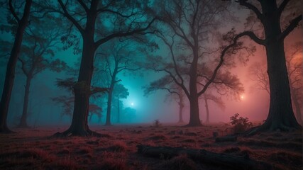 Fototapeta premium A misty forest with blue and red lights shining through the trees. AI.