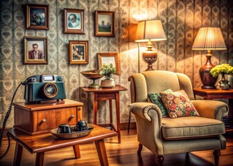 Fototapeta premium Cozy living room setting with vintage furniture, rotary phone, and old camera, evoking a sense of nostalgia and warmth, awaiting a family's retro photograph.