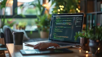 A programmer working on a laptop in a home office. The screen displays lines of code and the desk is decorated with plants.