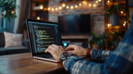 A programmer working on a laptop with code on the screen. The laptop is on a wooden table in a cozy home office setting.