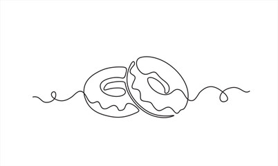 Continuous one line drawing of two delicious donuts with topping isolated on white background. Food concept vector illustration.