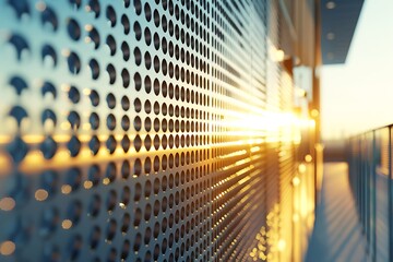 A close-up of a modern facade with sunlight filtering through perforated metal panels