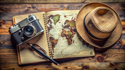 Rustic notebook lies open, revealing a meticulous travel checklist, alongside a vintage hat, classic camera, and a worn world map, evoking nostalgic wanderlust.
