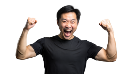 Excited Asian Man Wearing Black T-Shirt With Arms Raised In Victory