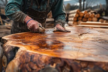 Close-up of a craftsman sanding a large wooden slab, showcasing the intricate grain patterns and the meticulous process of woodworking.