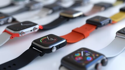 A lineup of high-tech smartwatches and fitness trackers neatly arranged on a white backdrop, showcasing the intersection of technology and health in realistic