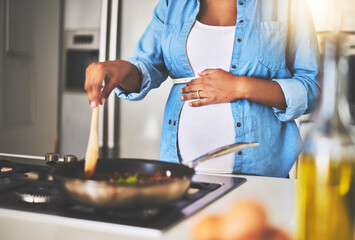 Maternity, cooking and woman in kitchen in home for healthy, wellness and diet meal with nutrition. Pregnant, pasta and female person preparing food for dinner, supper or lunch for pregnancy benefits