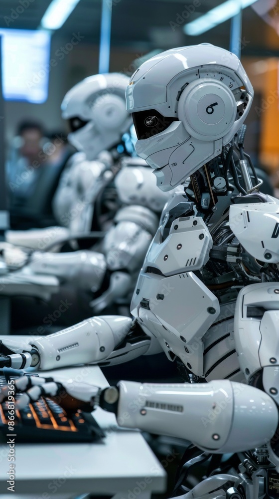 Aufkleber A row of robots with sleek, white bodies are working at a computer in a brightly lit office setting. Their futuristic designs and focused expressions suggest they are engaged in complex tasks
