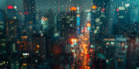Rainy Urban Vistas Blurred Cityscape Through Wet Windows, Rainy cityscape photography, Urban rain photography, Wet window city views, Blurred cityscape images
