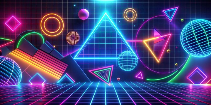 Vibrant neon-colored geometric shapes and abstract patterns swirl against a dark blue background, evoking a nostalgic 90's retro vibe in this futuristic design.