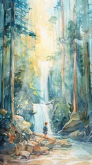 Young boy is enjoying the view of a beautiful waterfall cascading down moss covered rocks, deep in an evergreen forest. Sunlight streams through the trees, creating a magical atmosphere