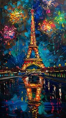 Fototapeta premium Experience the vibrant eiffel tower celebration in paris, captured in a stunning impasto painting. This modern artwork truly captures the essence of european culture and travel