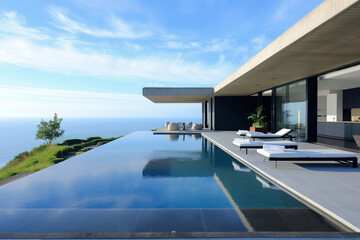 Fototapeta premium Minimalist pool area, sleek design, uncluttered deck, simple loungers, water as the focal point 