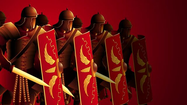 Step into history with this motion graphic, showcasing ancient Roman legionaries in battle-ready stances, prepared for conquest
