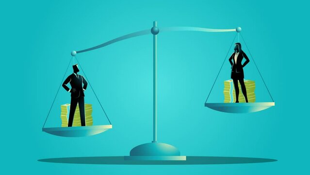Motion graphic of businessman and businesswoman on a scale with money stacks, symbolizing equal pay. Ideal for labor rights, HR, and workplace equality materials