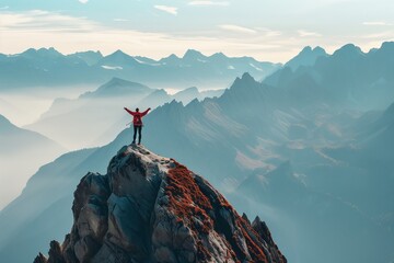 A person standing on a mountain peak, arms raised in triumph with a look of accomplishment,