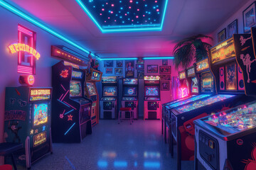Retro game room, in the style of neon pink and electric blue, 80s arcade, pinball machines, pixel art, pop culture posters