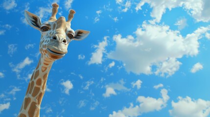 Fototapeta premium Giraffe gazing against bright blue sky with scattered clouds, close-up shot. Wildlife and nature photography concept