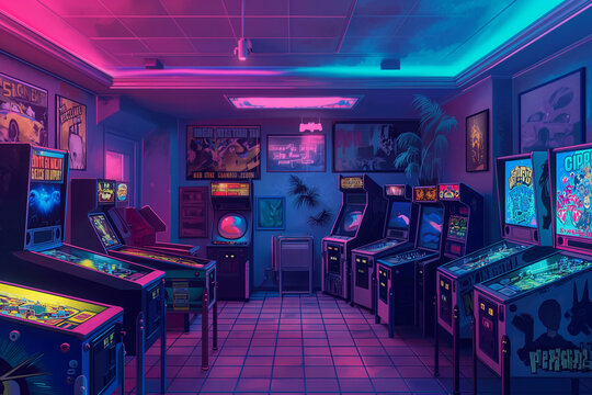 Retro game room, in the style of neon pink and electric blue, 80s arcade, pinball machines, pixel art, pop culture posters - Powered by Adobe