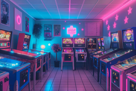 Retro game room, in the style of neon pink and electric blue, 80s arcade, pinball machines, pixel art, pop culture posters