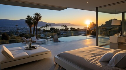 Fototapeta premium Elegance of modern bedroom through white door opening, revealing contemporary design