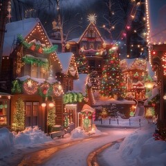 Fototapeta premium AI illustration of a charming village street decorated with festive Christmas lights
