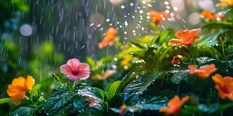 Nature photography, vibrant orange flowers in the rain, close-up shot with water droplets, lush green background