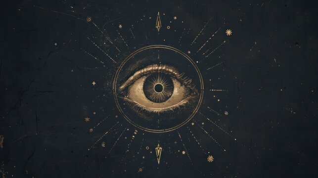 A single eye in a circle with abstract lines and shapes, all in gold and on a dark background.