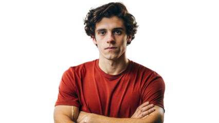 Young Man Standing With Arms Crossed in a Red T-Shirt