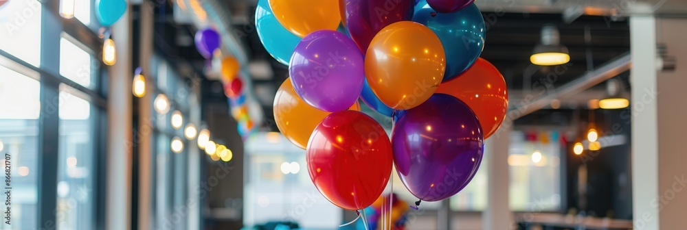 Poster a cluster of brightly colored balloons hangs from the ceiling in an office, suggesting a celebration