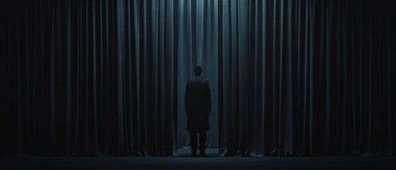 A solitary figure stands in a dark room, surrounded by vertical lines.