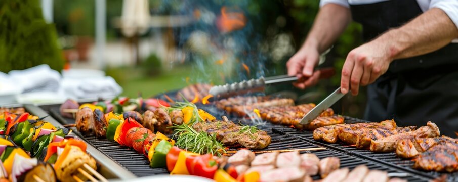 Chef grilling a variety of meats and vegetables at a backyard barbecue party