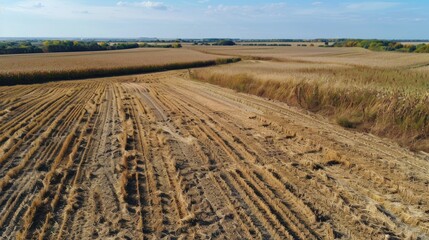 Field empty after harvest signs of wheeled cleaners aerial view