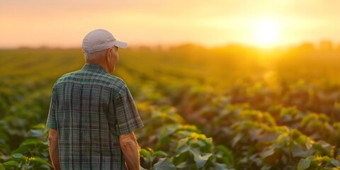 Fototapeta premium Sunset inspection Elderly farmer checks soybean field. Concept Agriculture, Farmer, Sunset, Soybean Field, Elderly Farmer