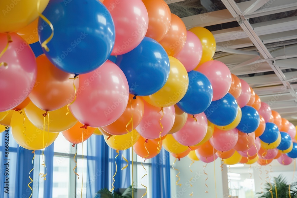 Poster a row of colorful balloons in corporate colors hangs from the ceiling to decorate an office event. g
