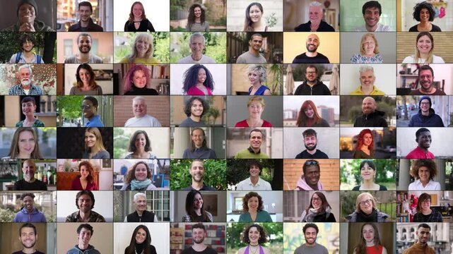 A vibrant multiscreen featuring 64 diverse smiling faces. This display captures the happiness and positive energy of people from different backgrounds and age groups.