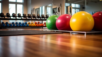 Assorted sports equipment and fitness ball displayed in a well equipped gym facility