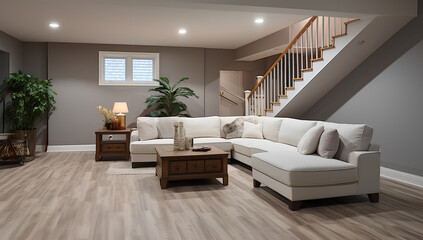 A high-angle view of a recently renovated basement with contemporary design elements, including a large white sectional sofa and a gray-toned wood-look floor