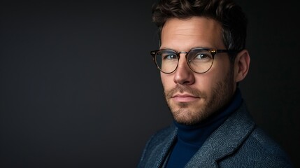 Obraz premium Portrait of a confident man wearing glasses and a turtleneck, with a serious expression. Dark, stylish background, professional and elegant look. Perfect for corporate use and personal branding. AI