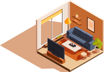 isometric living room with furniture and TV, vector illustration