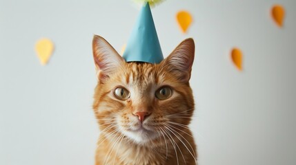 Cat wearing a blue party hat, closeup. Celebration and festive concept.