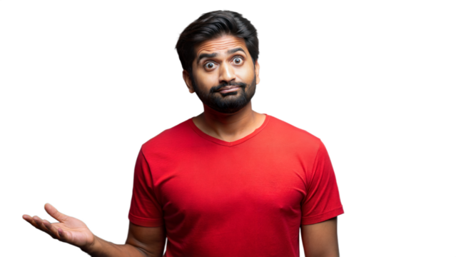 Man With Confused Expression In Red Shirt On Transparent Background - Powered by Adobe