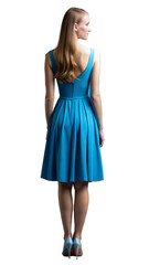 Naklejka premium Woman Wearing a Blue Dress and Heels Standing With Her Back Turned