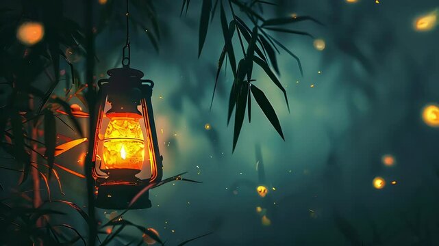 Video of lantern hanging from a tree in the woods. The lantern is lit and the light is shining through the branches.
