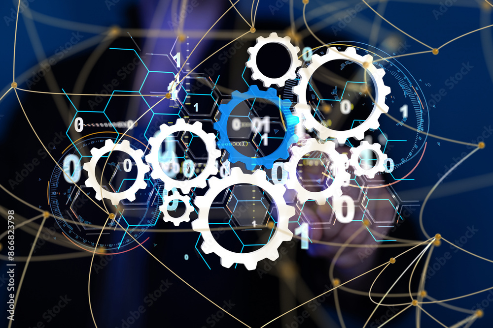 Poster Neural network 3D illustration. Big data and cybersecurity