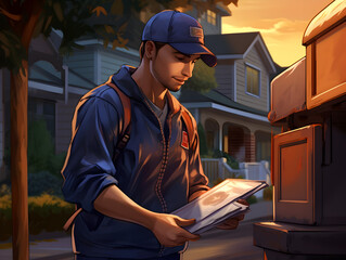 Illustration a postal worker delivering mail to a residential mailbox