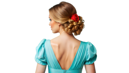 Woman Wearing Blue Dress With Back View and Red Rose Hair Accessory