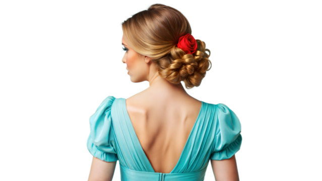 Woman Wearing Blue Dress With Back View and Red Rose Hair Accessory